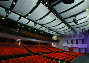 Ann Whitney Olin Theatre featuring Armstrong's Serpentina Waves acoustical ceiling clouds. Photo: Armstrong World Industries