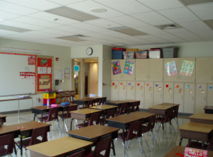 Slatington Elementary School employs gypsum board and ceiling panel combinations.