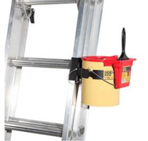 the Side Kick paint can holder safely secures onto either side of an extension ladder and is meant to hold a standard 1-gallon paint can in place and at arm’s reach.
