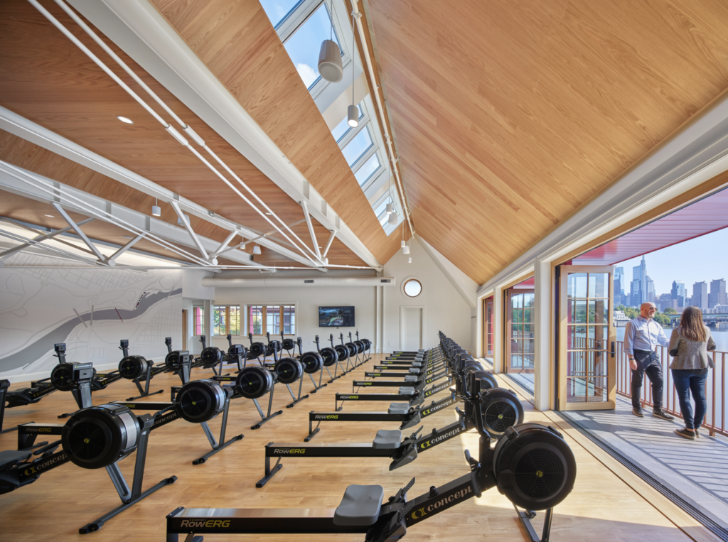 The new ERG room (bottom left) has been expanded to accommodate larger workouts and host special events.
