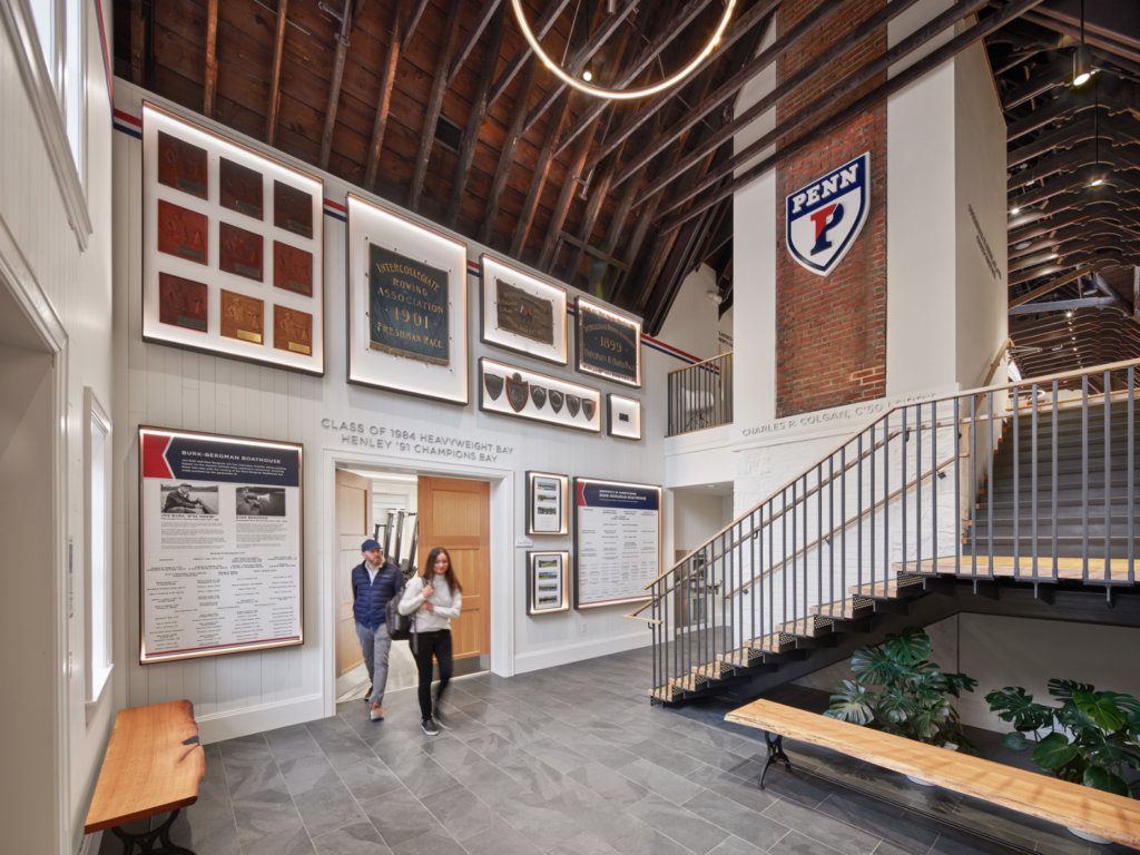 Reconfigured program spaces include a soaring entrance lobby, featuring
trophies and memorabilia.