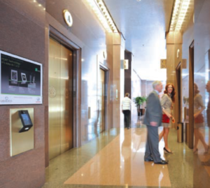 PORT Technology employs a sleek, futuristic interface positioned at access points and elevators around the building.