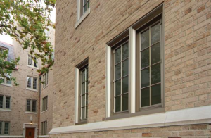 The University of Notre Dame campus’s historic Farley Hall's new windows feature wood and putty construction, beveled muntins and beveled exterior face in modern, high-performance glazing systems. Photo: Wausau Window and Wall Systems