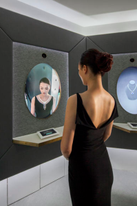 A digital gallery with six “Magic Mirror” interactive screens allows visitors to see iconic Tiffany & Co. jewelry and try pieces on virtually. Photo: Tiffany & Co.