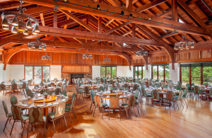 Mary Ann Crocker Dining Hall’s magnificent 5,000-square-foot dining room features a cathedral ceiling supported by redwood trusses spanning more than 50 feet.