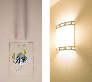 Before (left) and after photos show the black streaks left by the previous fluorescent fixtures.