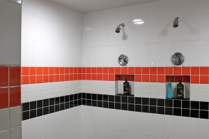 The Avalon team chose various types of tile from Daltile for the locker room floors, walls and ceiling in orange, black and white—the Philadelphia Flyers’ team colors.