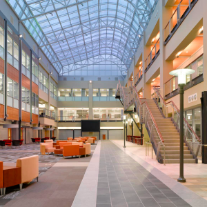 Wake Forest Biotech Place features a 7,500-square-foot, 4-story glass atrium that illuminates the building’s center. PHOTO: Wexford Science & Technology