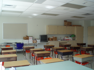 After the products were installed, control-variable acoustical tests compared the acoustical performance of the CertainTeed wall and ceiling products against the more basic, new perforated mineral fiber ceiling panels (0.55 NRC) and gypsum board installed throughout the rest of the school.
