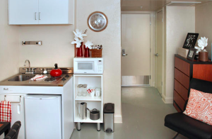 Each of the 104 studio units includes a kitchenette.