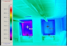 Infrared imaging shows window frame surface temperature differences of nearly 8 F between the old unit on the left and the new Wausau INvent unit on the right. The exterior temperature was 33 F. The interior temperature was 71 F.