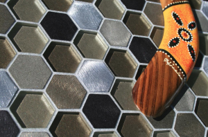 Each individual Victoria Metal Mosaic tile from Maniscalco is 8 millimeters thick with a recessed backing making it lighter in weight than other metal mosaics.