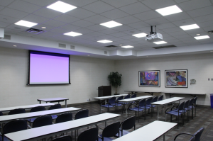 Upgrades at the five-tower Westbrook Corporate Center in suburban Chicago included replacing lighting in conference rooms with efficient GE state-of-the-art LED fixtures, transforming the rooms from both a lighting and energy consumption standpoint.