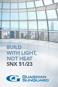 Guardian Industries announces SunGuard SNX 51/23, a commercial low-E glass product with visible light transmission (VLT) of more than 50 percent and a solar heat gain coefficient of less than 0.25, in a standard insulated glass unit.