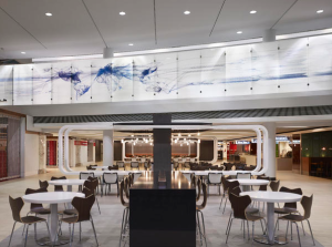 To contribute to the terminal’s world-class traveler experience, a new open plenum metal ceiling system was installed above the redesigned TSA Checkpoint and a metal baffle ceiling system was installed above the renovated and expanded Concessions Program.