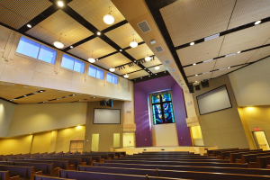 The WoodTrends WoodGrill panel was the logical choice for the religious facility, which wanted to deliver an improved acoustical experience for its congregants while adding to the design aesthetics of the space.