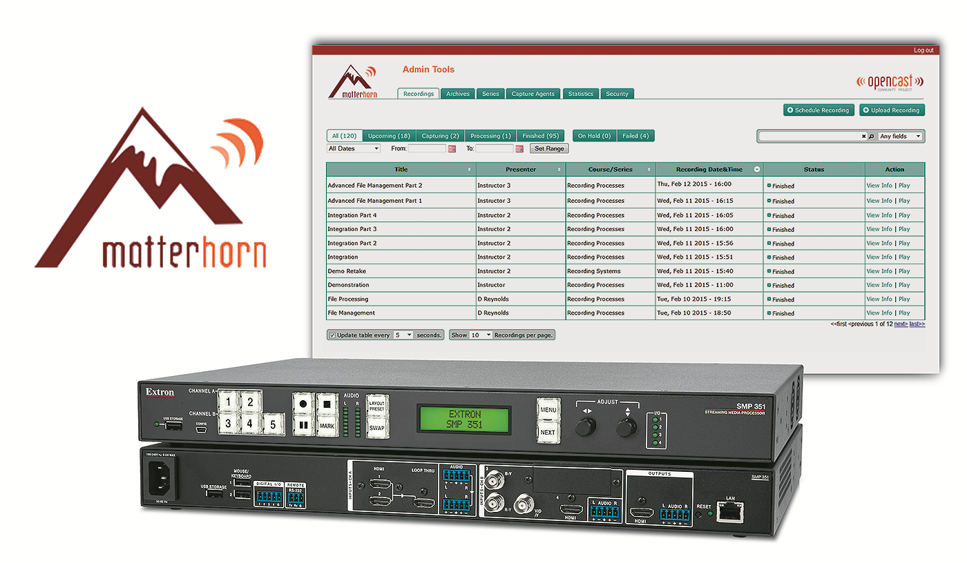 Extron Electronics announces the SMP 351 now integrates with Opencast Media Server to create end-to-end solutions for recording AV presentations in the classroom, from scheduling to publishing.