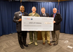 Carl Huber, WaterFurnace vice president of corporate quality, presented the check during an Oct. 30 news conference at the company’s corporate headquarters in Fort Wayne, Ind. From left to right: Jim Pridgin of the USO, Col. Patrick Renwick of the 122nd Fighter Wing, Charles Ridings of the USO, and Bob Legacy of the USO.