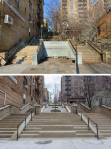 BEFORE & AFTER: The path provides a pedestrian corridor connecting the residential Park Terrace East at its upper end with Broadway and essential public transportation below.