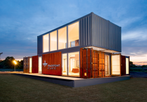 Playing on the transformative power of shipping, the modern, media-enhanced marketing center is housed in 1,400 square feet of office space built using upcycled shipping containers.