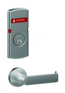 This classroom security lock features an indicator, noting the hardware is locked.