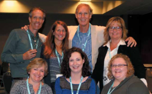 The retrofit team celebrating a successful conference (back row, left to right): Barrett Hahn, sales; Becky Riester, operations; John Riester, publisher; Vilija Krajewski, art director. Front row (left to right): Lyn Ure, circulation; Christina Koch, editor in chief; and Andrea Hoffmeier, editorial assistant. 
