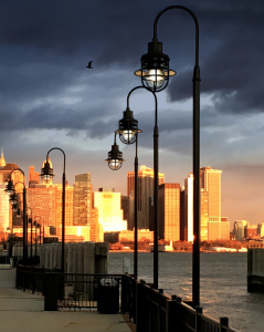 Nautical-styled LED luminaires illuminate the walkways and dock to the Manhattan overlook at Liberty State Park.